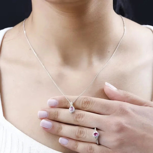 Ouro Fino Rubellite, White Zircon Ring (Size 6.0) Pendant Necklace (20in) 925 - Picture 3 of 5